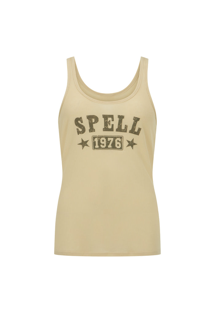 A beige sleeveless tank top with a dark olive green graphic on the front reading 'SPEELL 1976' with stars, shown against a plain white background.