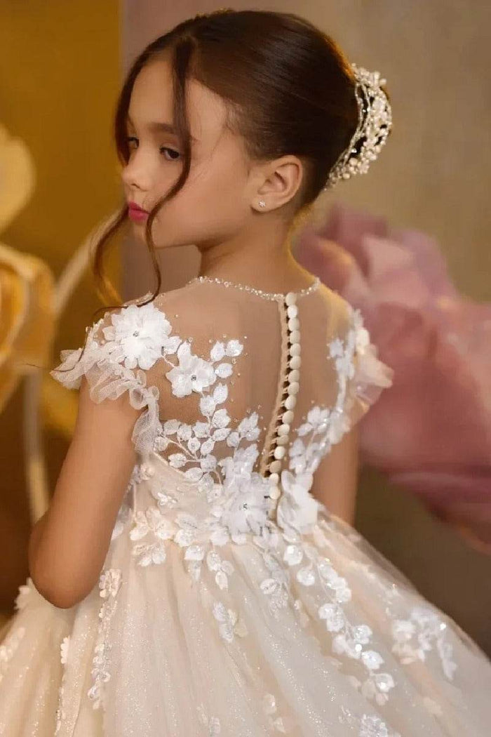 A-Line Illusion Neck Short Sleeve Tulle Court Train Flower Girl Dresses 903004046897 - COCOMELODY