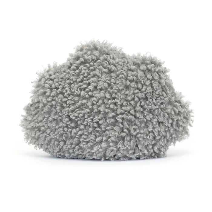 Plush toy of a grey cloud on a white background as seen from behind