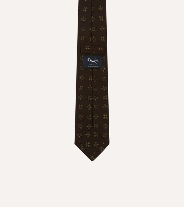 Brown Geometric Flowers Tile Print Silk Self-Tipped Tie