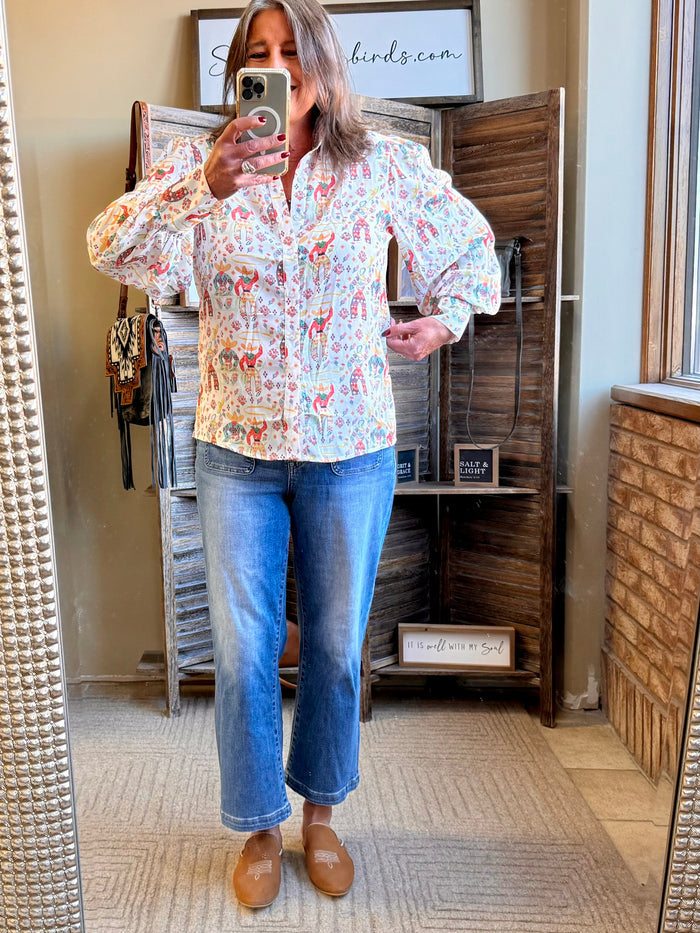 Women’s colorful cowboy blouse with western yoke, button placket, and puff sleeves
