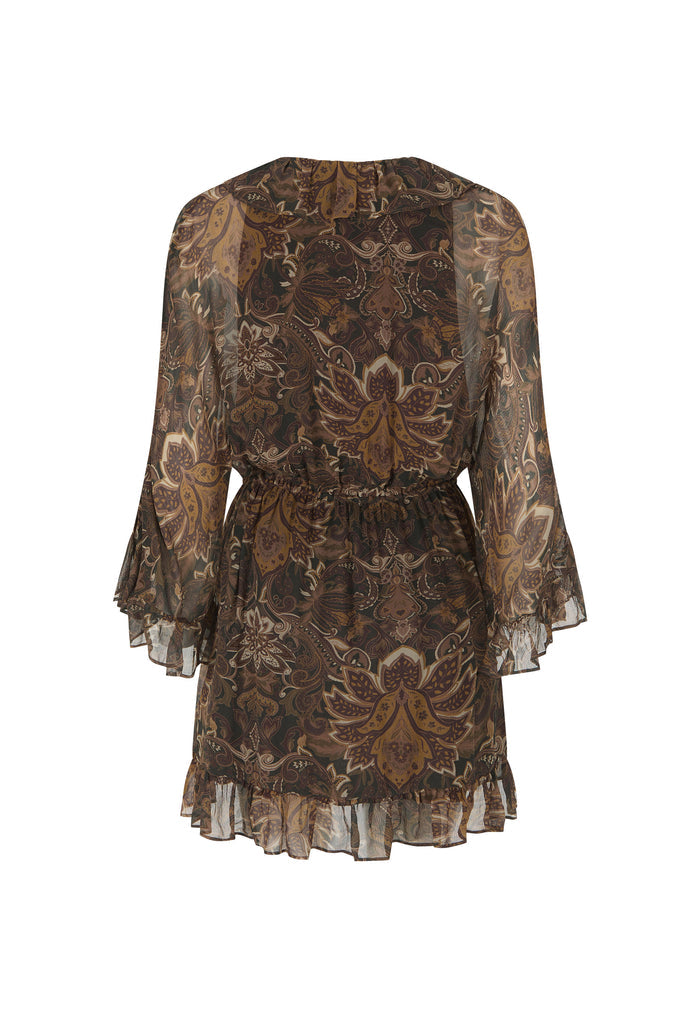 A brown and beige patterned sheer mesh mini dress with long flared sleeves and a ruffled hem, shown against a plain white background.