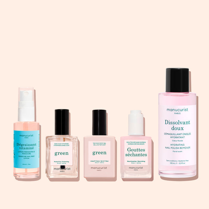 Dégraissant Vitaminé + Base Coat Vitaminée + Top Coat + Gouttes Séchantes + Dissolvant Doux
