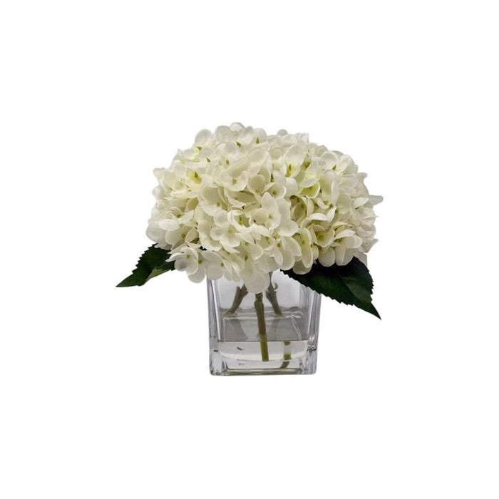 Faux Cream Hydrangeas Floral Arrangement in Square Glass Vase Accessories
