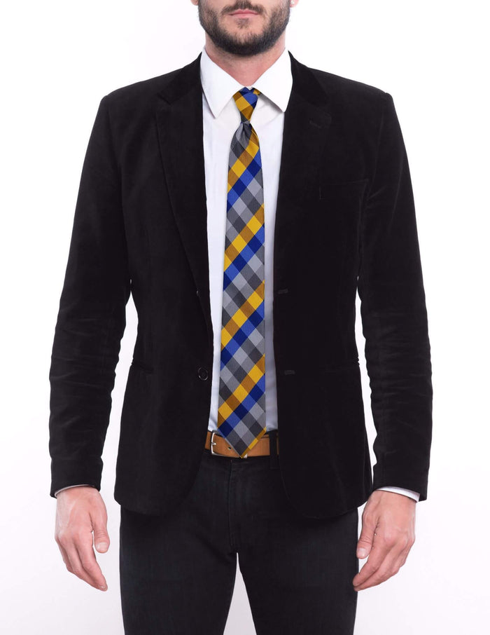 Gold Blue Silver Plaid Skinny Pre-tied Tie, Tie, GoTie