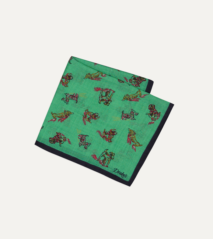 Green Dogs Print Wool-Silk Pocket Square