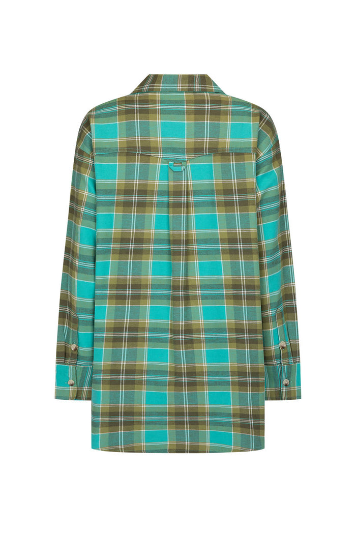 Back flat lay of High Tide Flannel Shirt in Meadow check, showing back yoke pleat detail and button cuffs