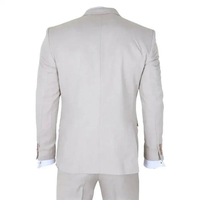 Back view of men's cream 3-piece suit with structured fit, showing the blazer's clean lines and matching trousers for elegant style