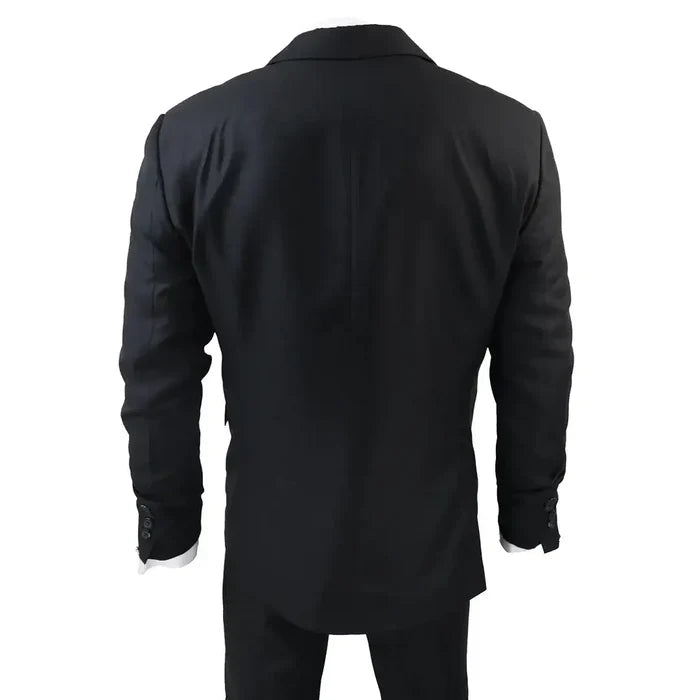 Black men's suit jacket made of smooth fabric, tailored fit with a classic collar, long sleeves with button cuffs, ideal for formal occasions