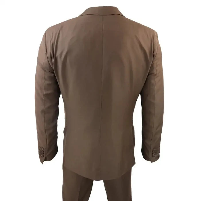 Back view of a men's classic plain brown 3-piece suit with tailored fit, smooth fabric, and buttoned cuffs, ideal for formal occasions.