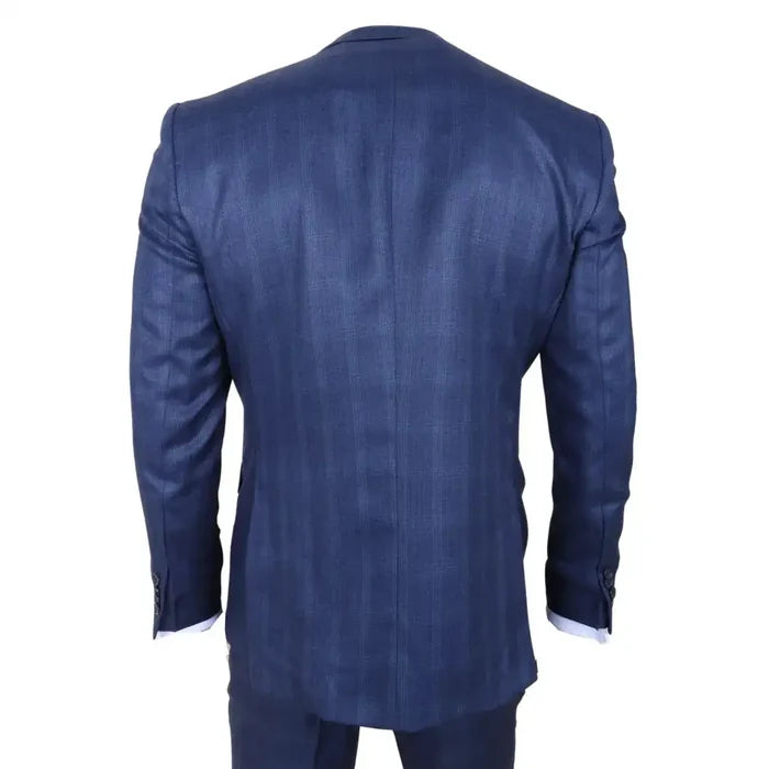 Men's tailored blue 3-piece suit with Prince of Wales check pattern, featuring a sleek fit and classic design, back view