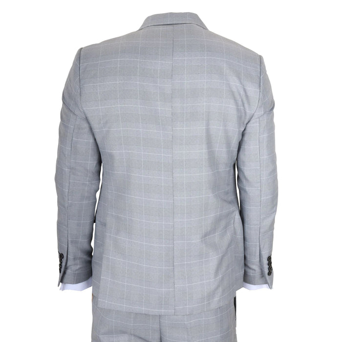 Back view of men's grey check tailored suit jacket with structured shoulders and plaid pattern, showing detailed stitching and fit