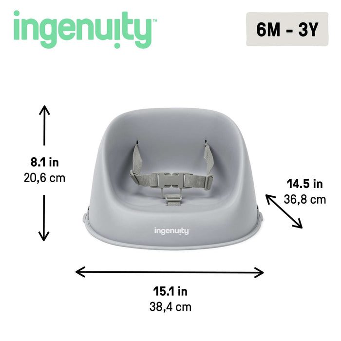Grey Ingenuity My Spot easy-clean baby booster seat with 3-point harness on dining chair