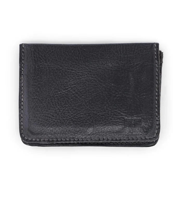 Black leather wallet with contrast edge stitching and front pocket