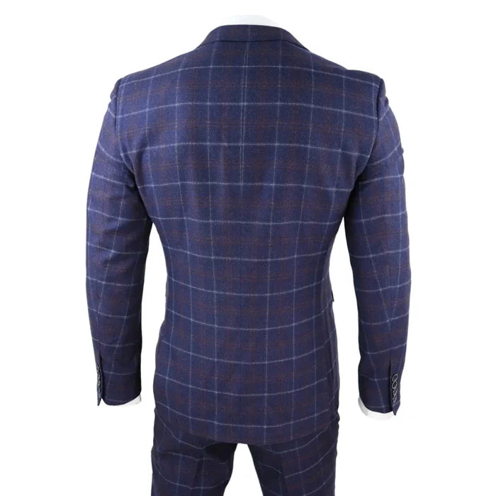 Back view of men's navy blue checkered 3-piece suit with tailored fit, matching fabric, and subtle plaid pattern