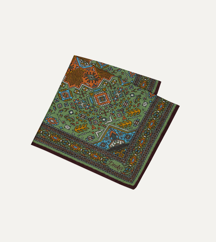 Olive and Burgundy Kelim Print Wool-Silk Pocket Square