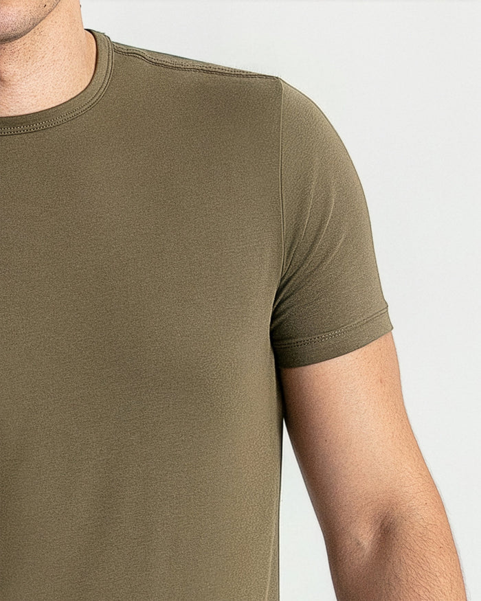 Olive-green crew neck t-shirt with short sleeves on male model.