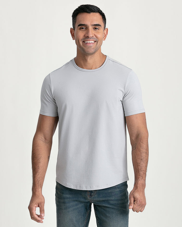 Man wearing light grey crew neck t-shirt with short sleeves.