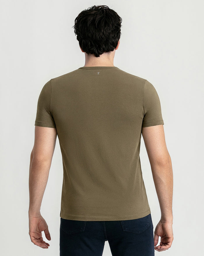 Olive green V-neck t-shirt displayed on a male model from the back, shown with short sleeves and a fitted cut.