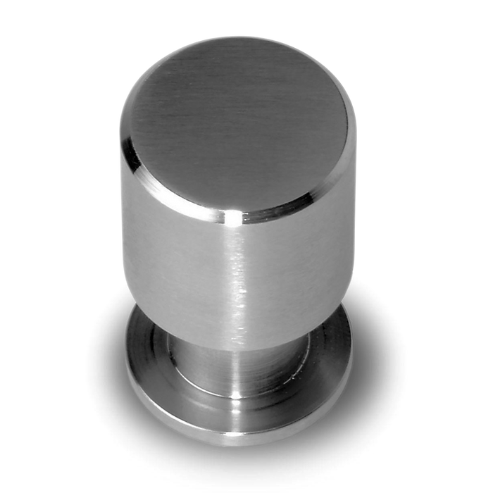 A modern cylindrical stainless steel knob with beveled edges.