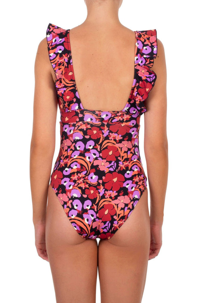 One-Piece Emmanuela Swimwear Rania V Neck Ruffled One-piece Bordeaux/Purple Flowers Apoella