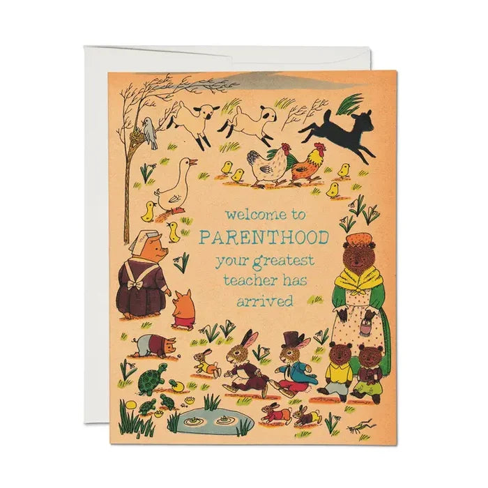 Greeting card with cartoon animals and text 'Welcome to Parenthood, your greatest teacher has arrived' on a white background.