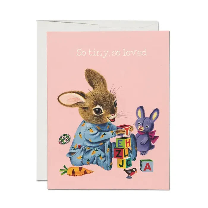 Greeting card with a rabbit and baby bunny illustration on a pink background