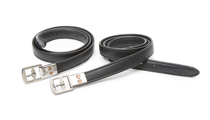 A pair of black Adelfia Grand Prix stirrup leathers with stainless steel buckles.