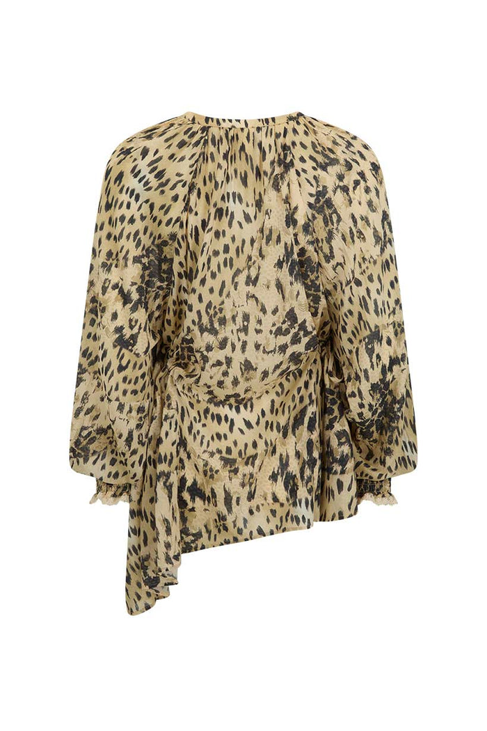 Back flat lay of Snow Leopard Asymmetric Blouse, animal print, asymmetrical hem, shirred cuffs, lace trim detail