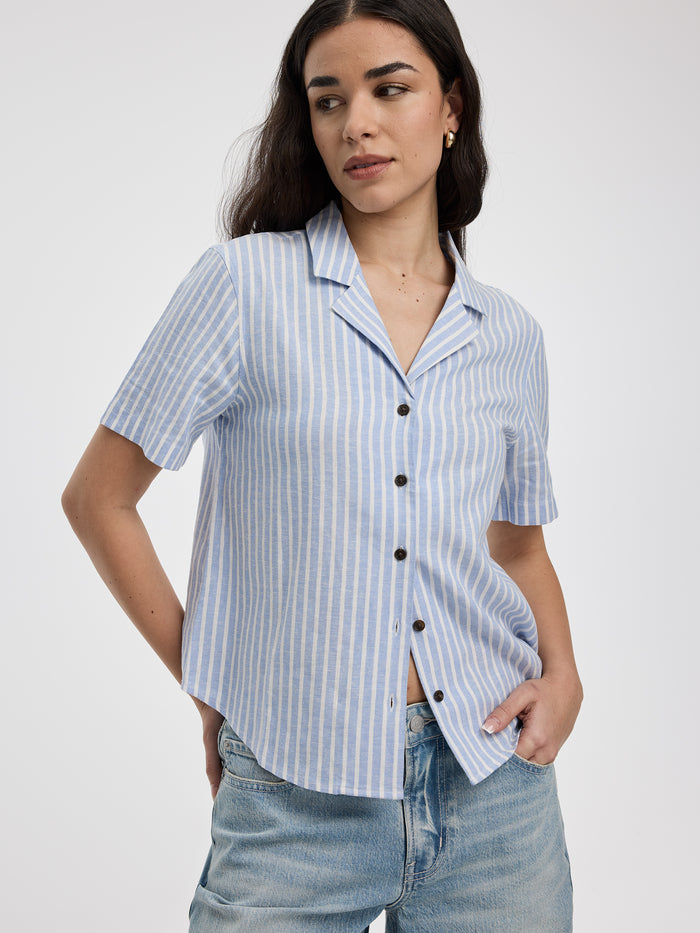 Striped Short-Sleeve Shirt with Pyjama Collar