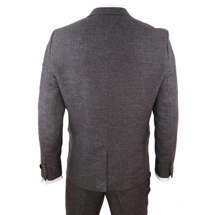 Gray men's wool 3 piece suit with double-breasted waistcoat, tailored fit, textured tweed fabric, classic 1920s vintage style, SKU: stz32_suit_brown_36