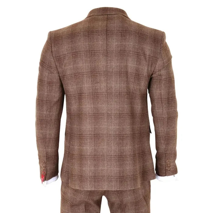 Back view of men's brown tweed check 3-piece suit featuring a fitted blazer with notch lapels and matching trousers, ideal for formal occasions