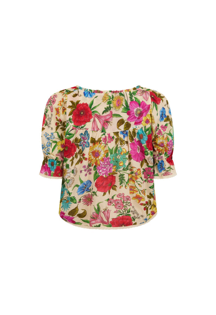 Back flat lay of floral blouse showing gathered body, elastic puff sleeves, and contrast lace trim on white background