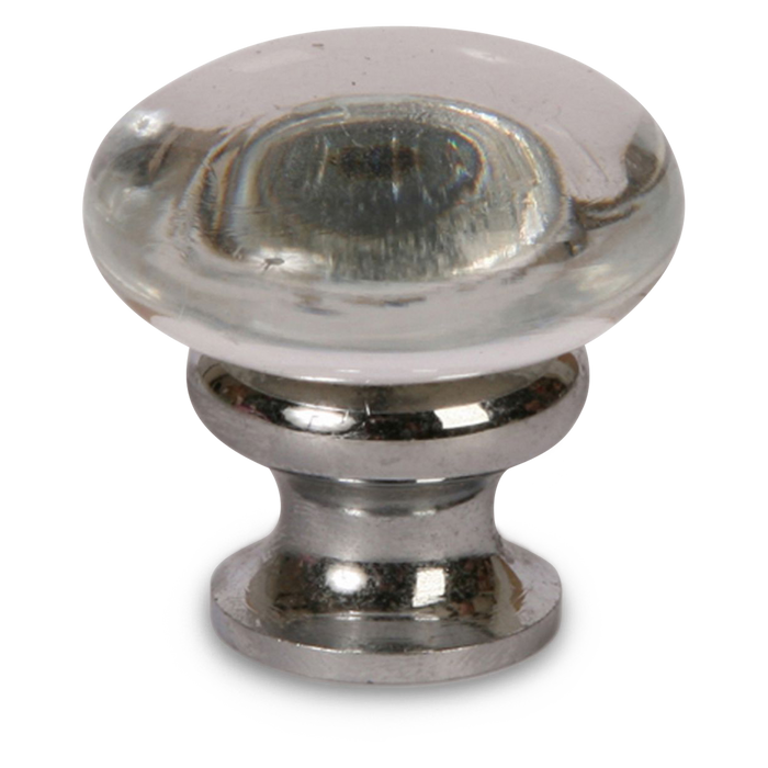 A petite, transitional knob with a clear oval shaped glass piece perched on an oil rubbed bronze base.