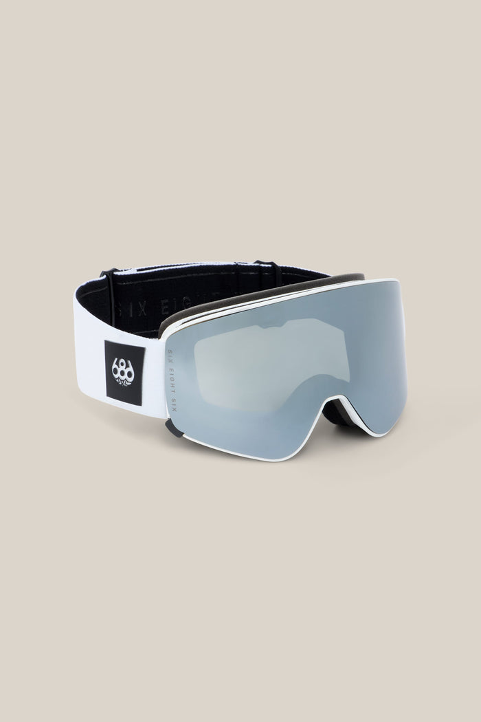 686 SMARTY® Magnetic Goggle - Small with a white frame, reflective silver lens, and a black elastic strap featuring a logo.
