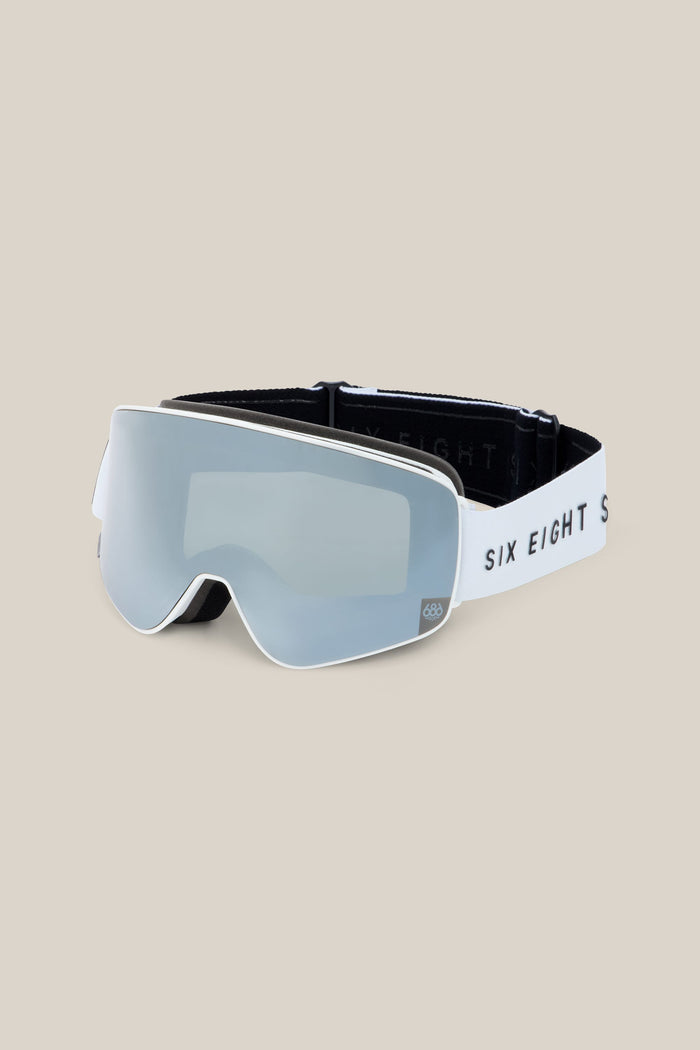 White 686 SMARTY® Magnetic Goggle - Small with a silver mirrored lens and a white strap featuring black text.