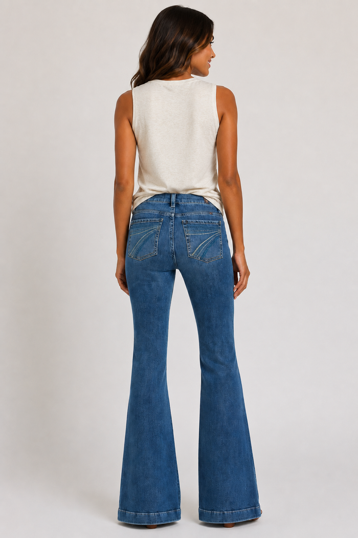 Woman wearing blue flared jeans and a white sleeveless top on a plain background