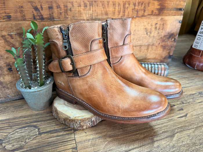 Tan leather ankle boots with buckle strap and side zippers; Bed Stu