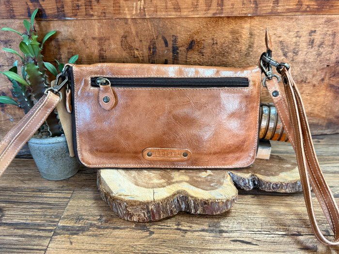Tan leather crossbody bag with front zip pocket and adjustable shoulder strap