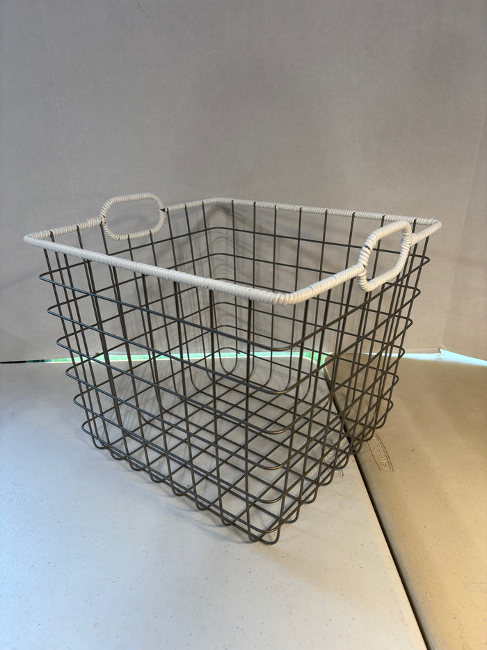 White Rectangular Wire Metal Basket W/Handles