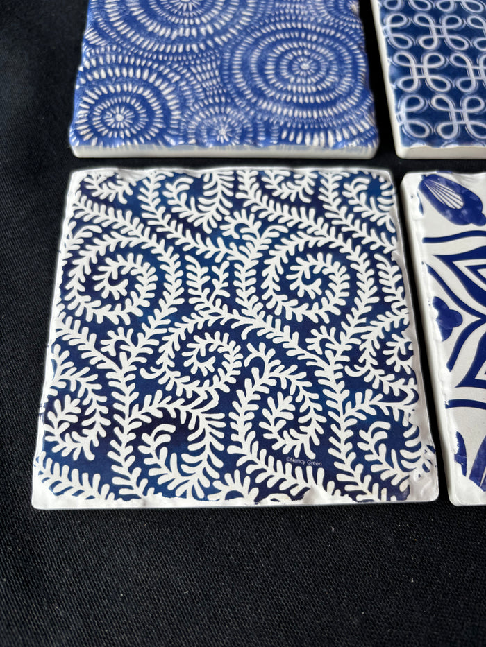 Set Of 4 Blue And White Tile Coasters