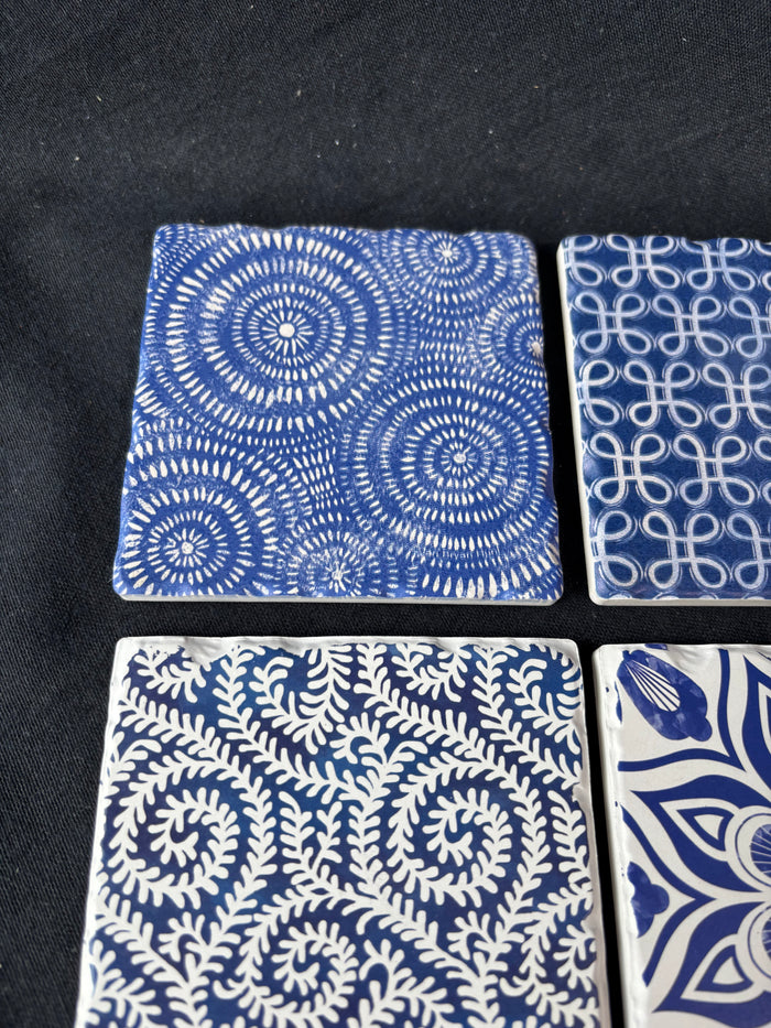 Set Of 4 Blue And White Tile Coasters