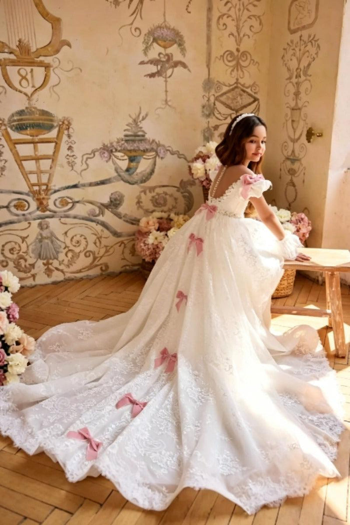A-Line Off-Shoulder Tulle with Pink Bows Flower Girl Dresses 769956751133