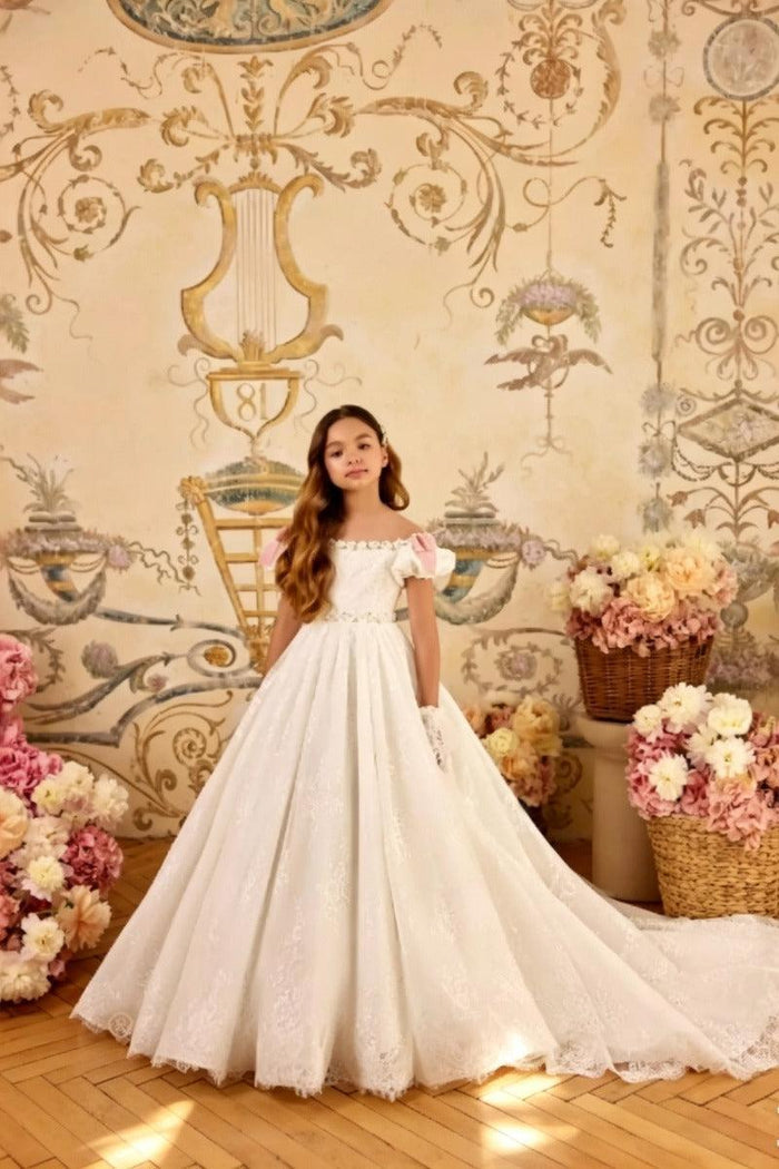 A-Line Off-Shoulder Tulle with Pink Bows Flower Girl Dresses 769956751133