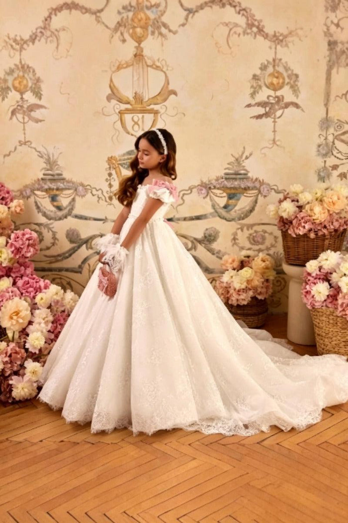 A-Line Off-Shoulder Tulle with Pink Bows Flower Girl Dresses 769956751133