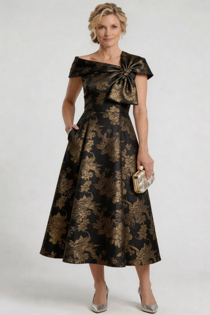 A-Line Tea Length Jacquard Mother of the Bride Dress CM0413