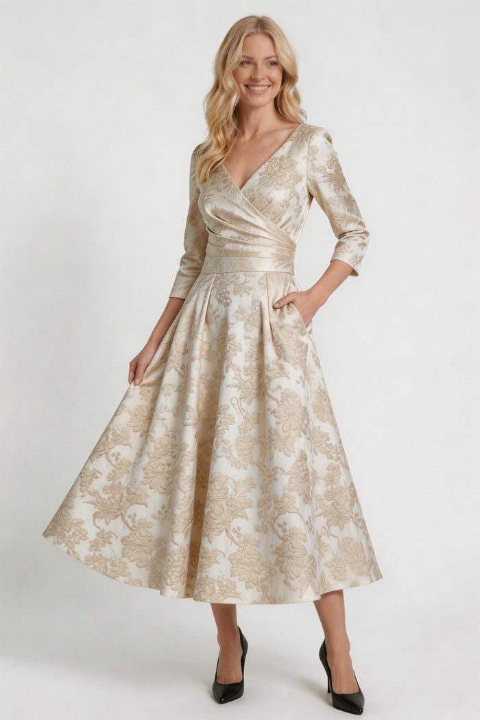 A-Line Tea-Length Jacquard Mother of the Bride Dress CM0415