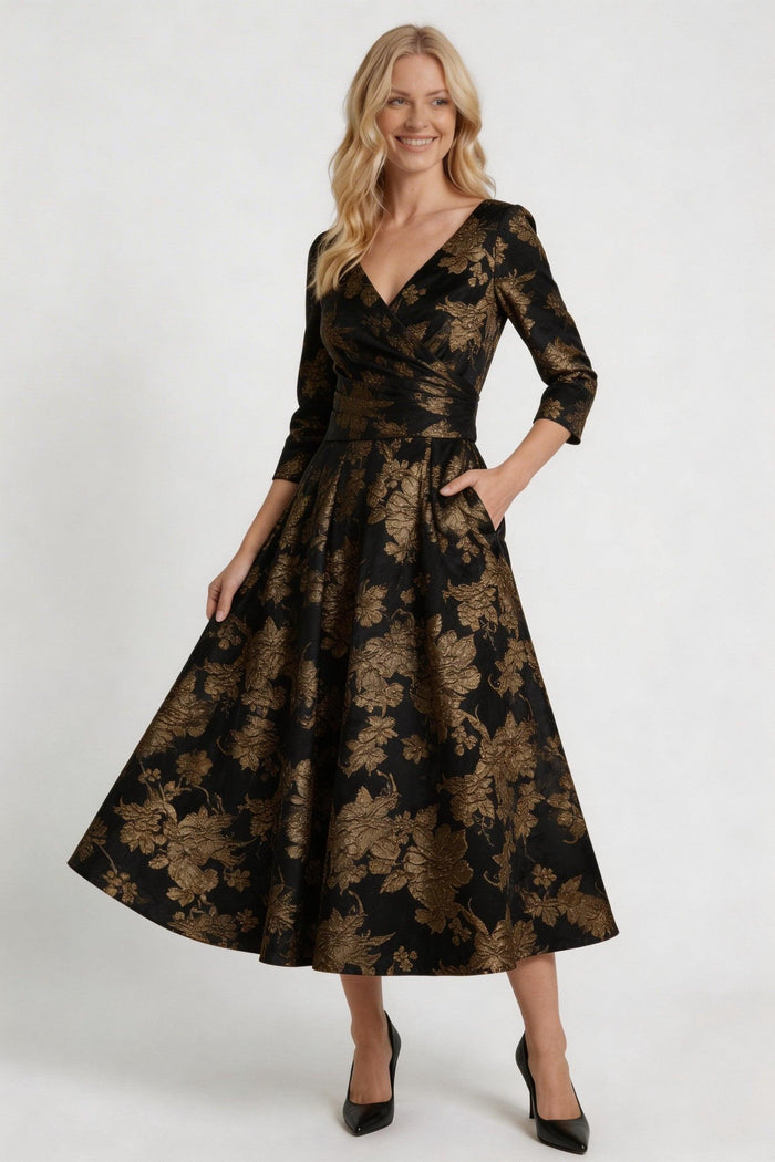 A-Line Tea-Length Jacquard Mother of the Bride Dress CM0415