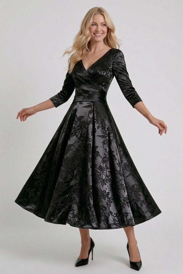 A-Line Tea-Length Jacquard Mother of the Bride Dress CM0415