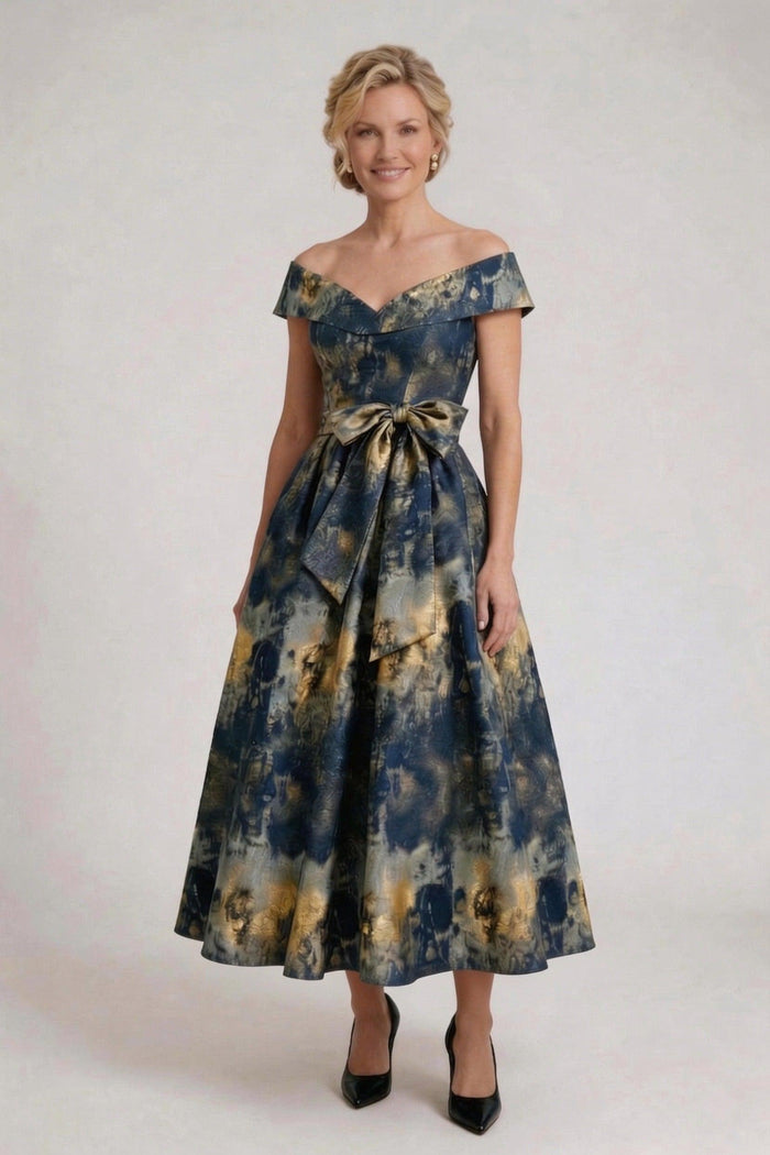 A-Line Tea-Length Jacquard Mother of the Bride Dress CM0427